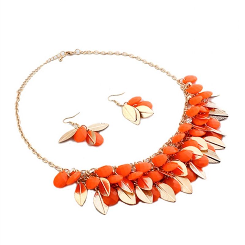 Orange and Gold Leaf Bib Necklace and Earrings SET - Click Image to Close